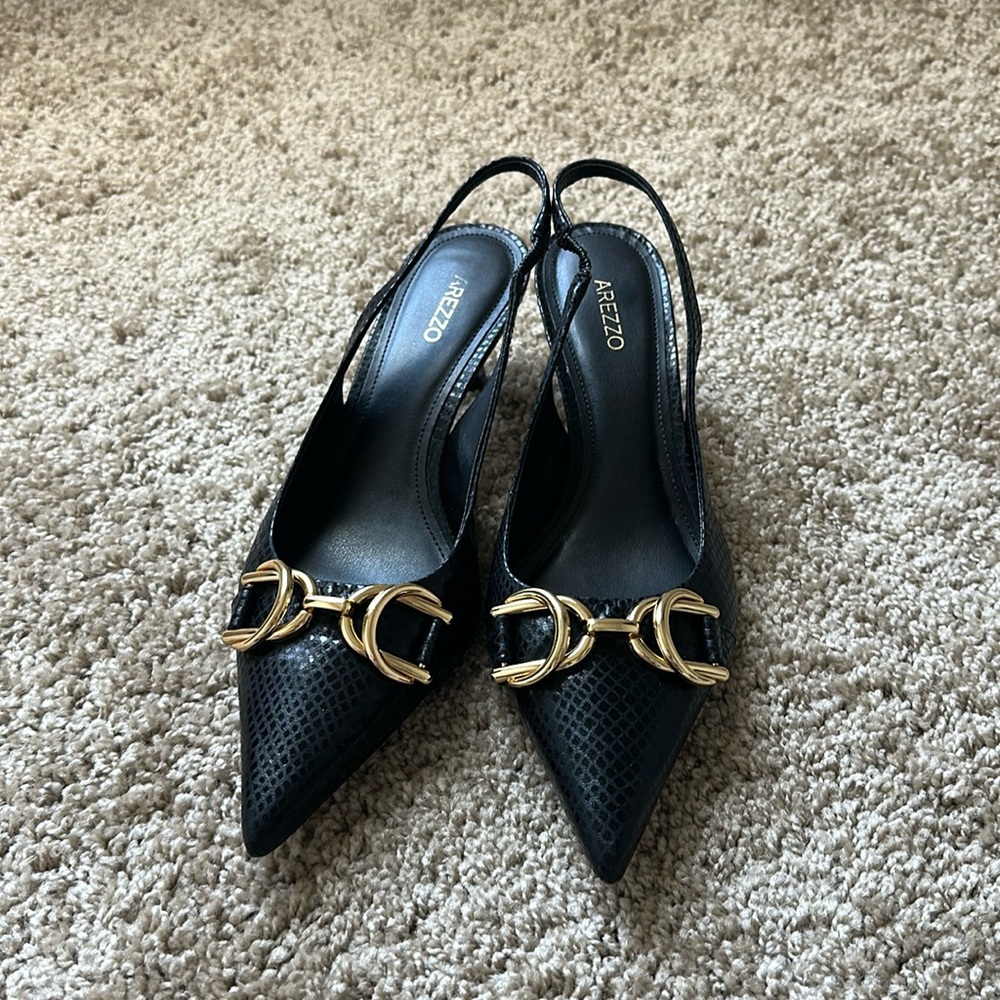 Kitten heel sling backs with gold buckle detail